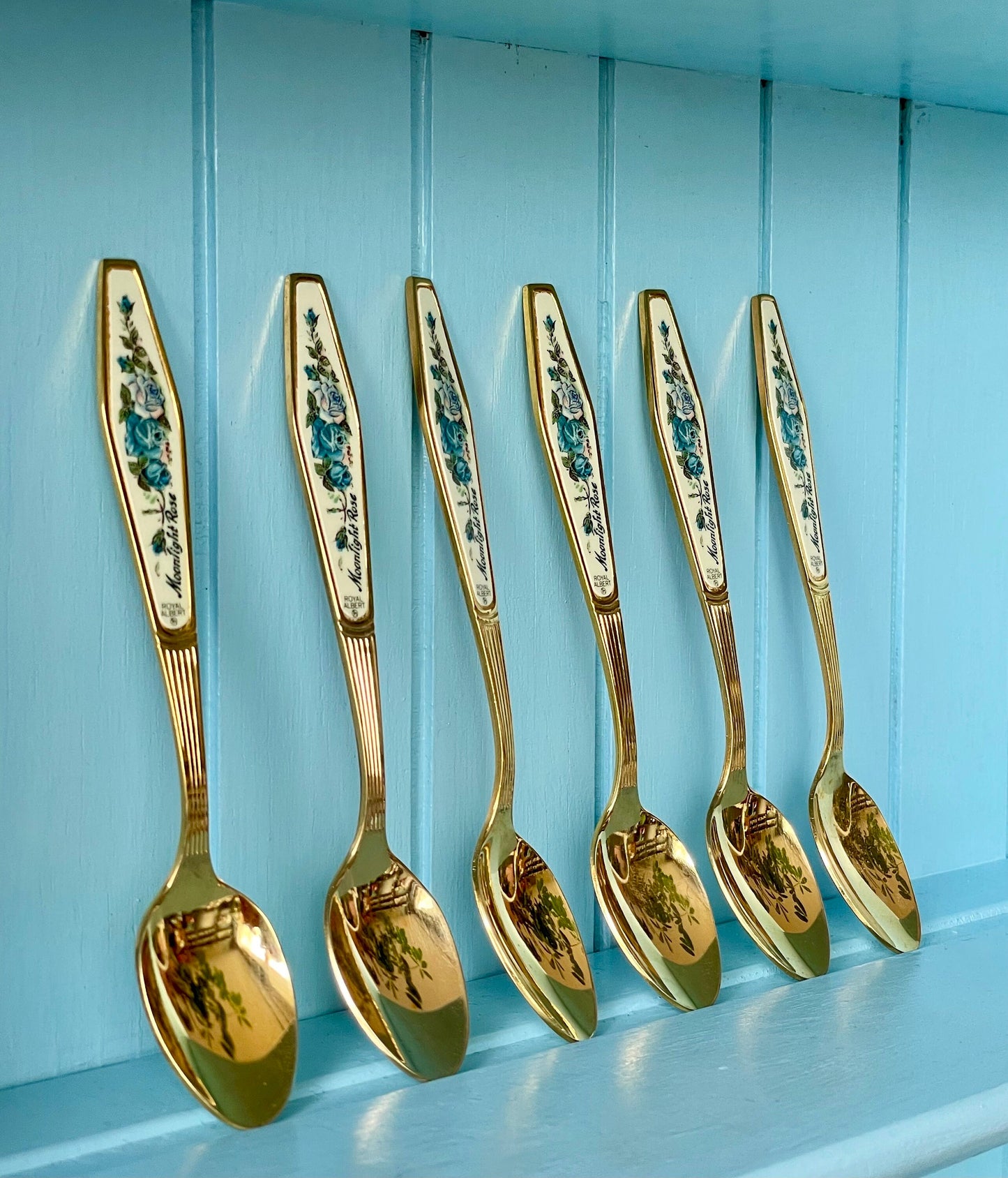 Rare Vintage Royal Albert "Moonlight Rose" TeaSpoon, Set of 6 Gold Hue Spoons, Silver Plated, Previously Loved, For HighTea, Made In England