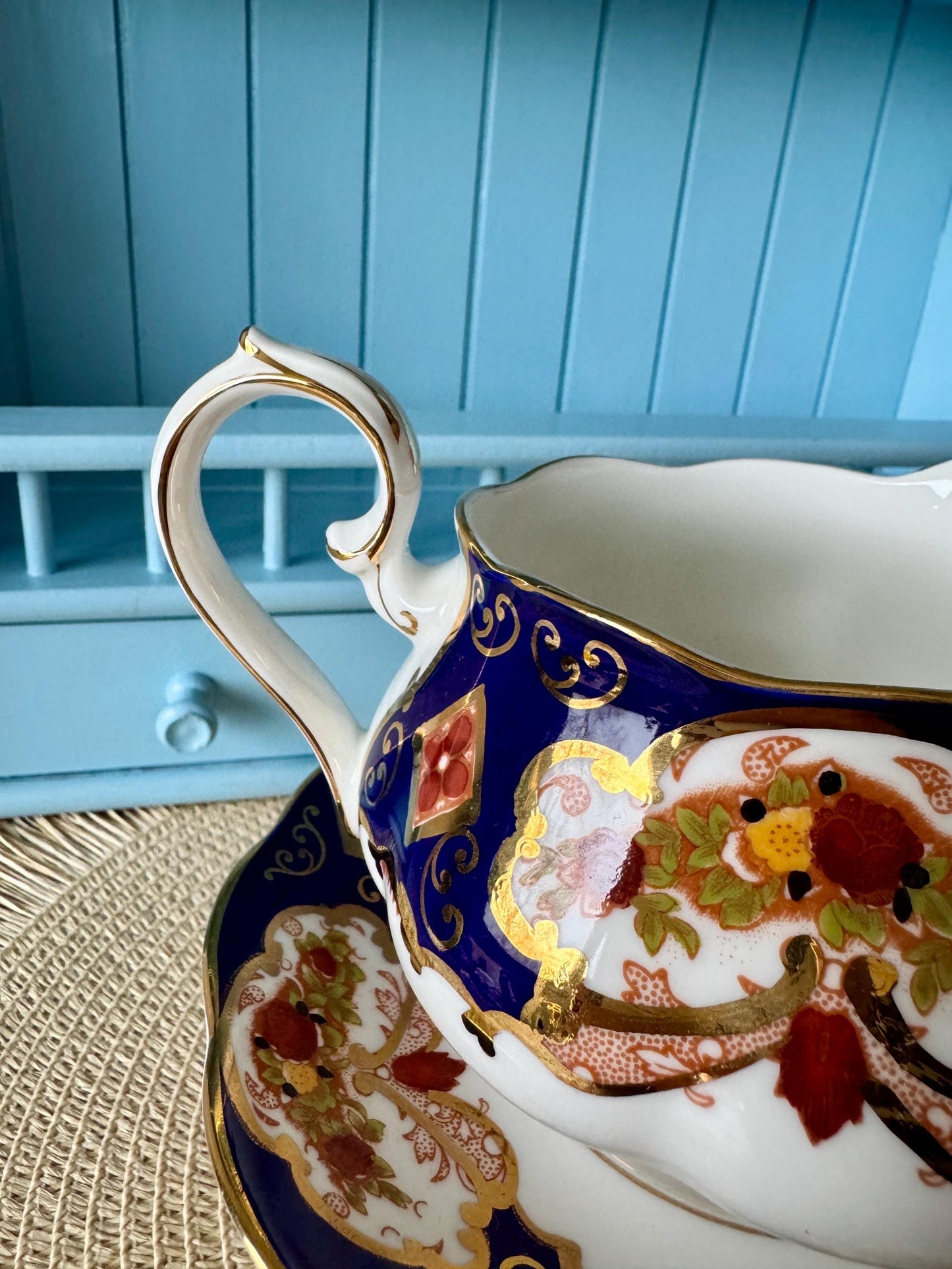 Rare Vintage Royal Albert "Heirloom"  Large Gravy Boat with Under plate, Bone China, Previously Loved, Cobalt Blue  Pattern, Made in England