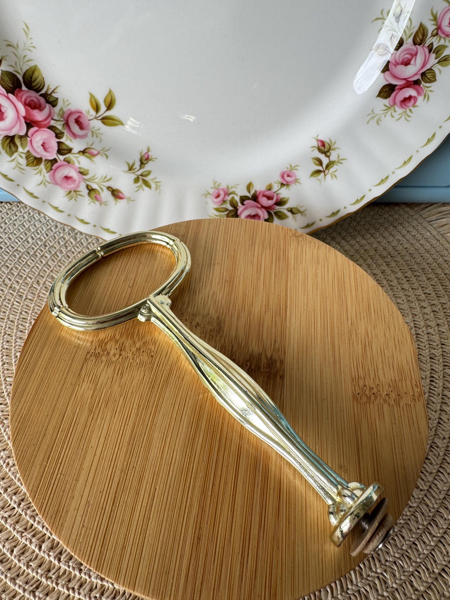 Royal Albert "Flower of the Month" June, Vintage 1-Tier Cake Stand, Bone China, 27 cm, Roses Pattern, For High Tea, Gift, Golden Handle, UK