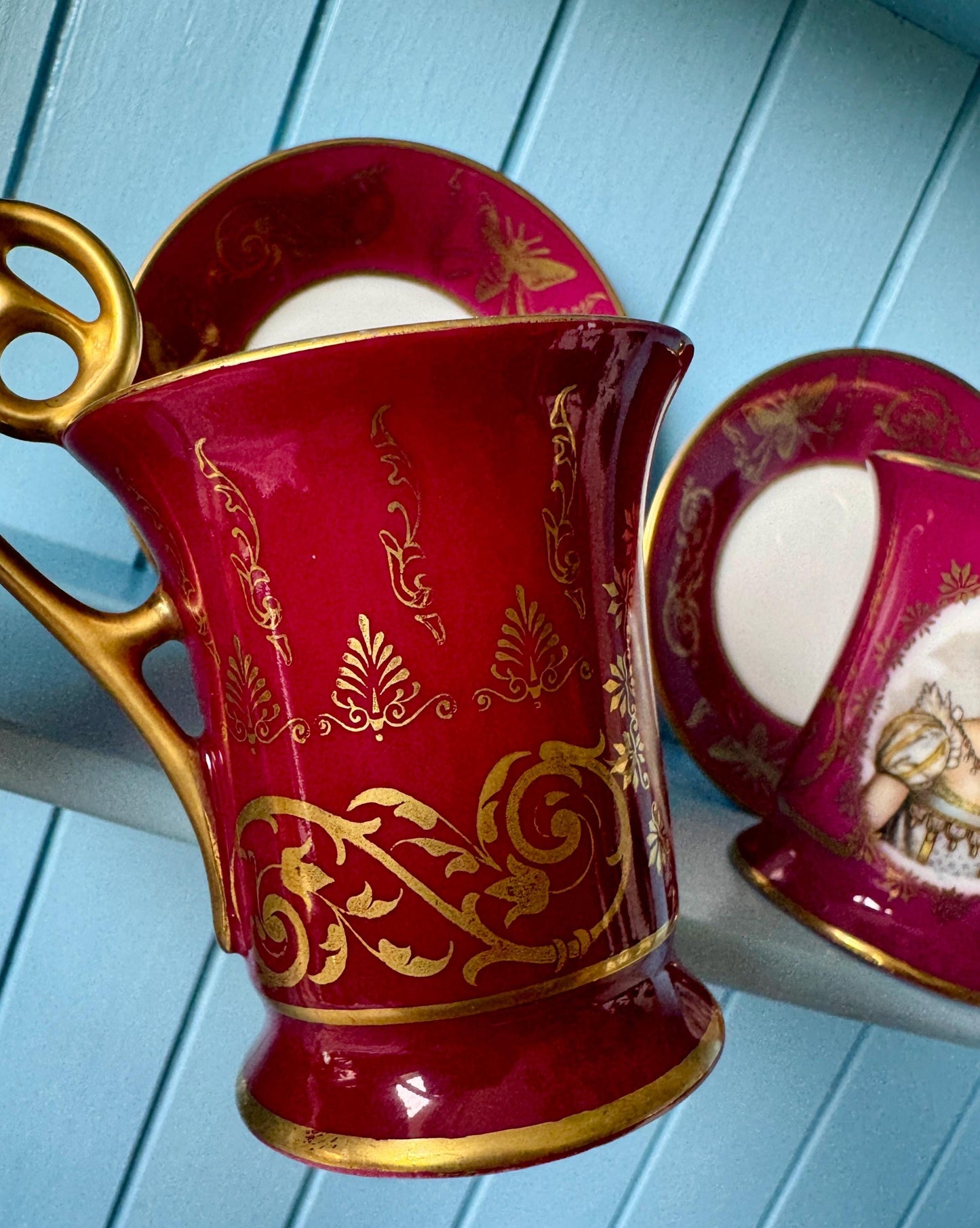 Rare Limoges Napoleon Josephine Espresso Cups & Saucers | Burgundy Gold Porcelain | Imperial Bee Motif | Perfect Condition | Historical Gift