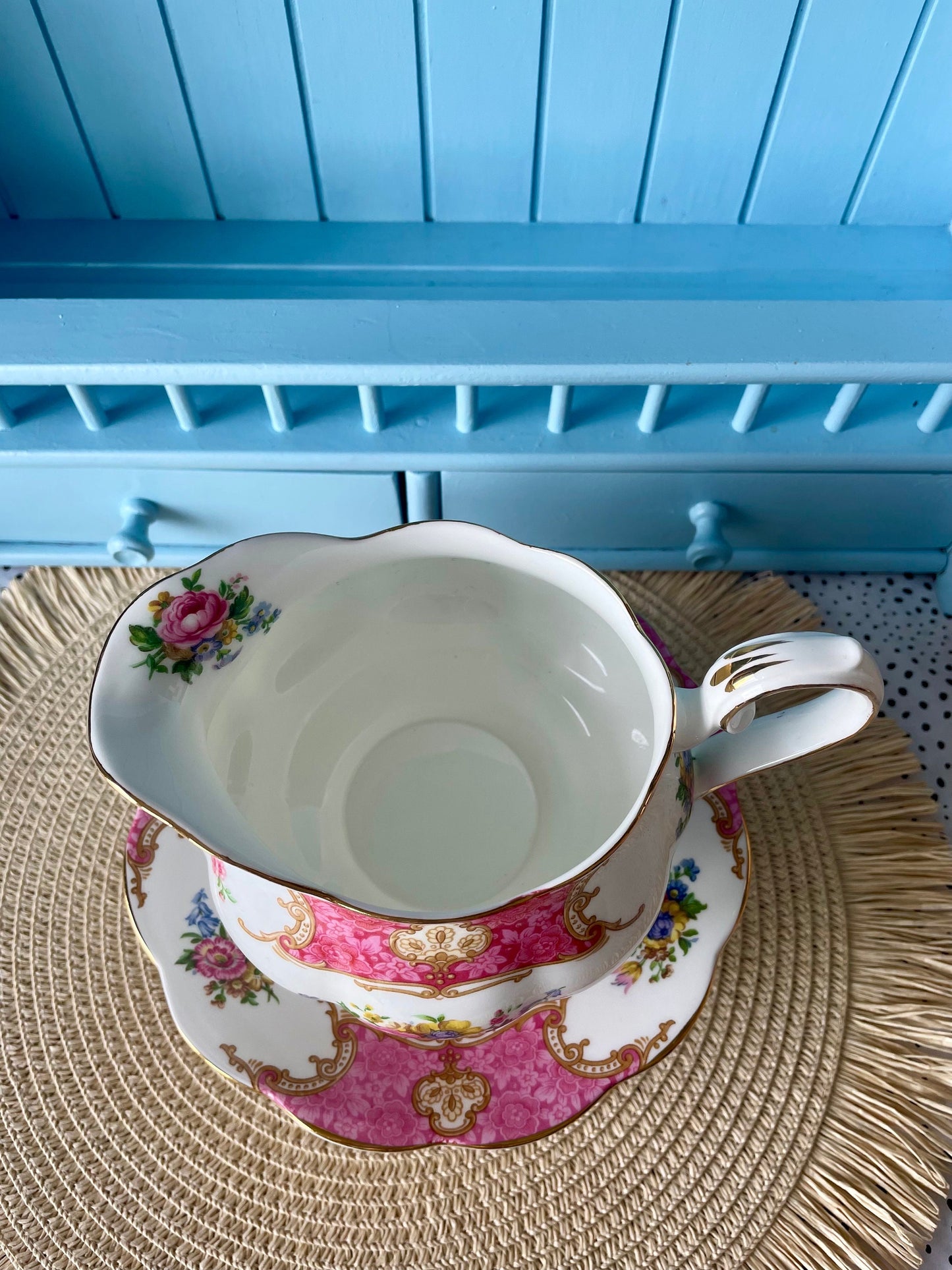 Rare Find, Royal Albert Lady Carlyle English Large Gravy Boat with Underplate, Bone China, Previously Loved, Pink Borders and Floral Decor