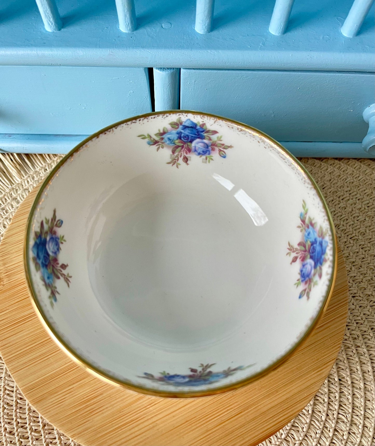 Very Collectible Concorde and Royal Albert Moonlight Rose Collaboration, Fruit/ Salade Bowl, Bone China, Beautiful Blue Roses Decor, England