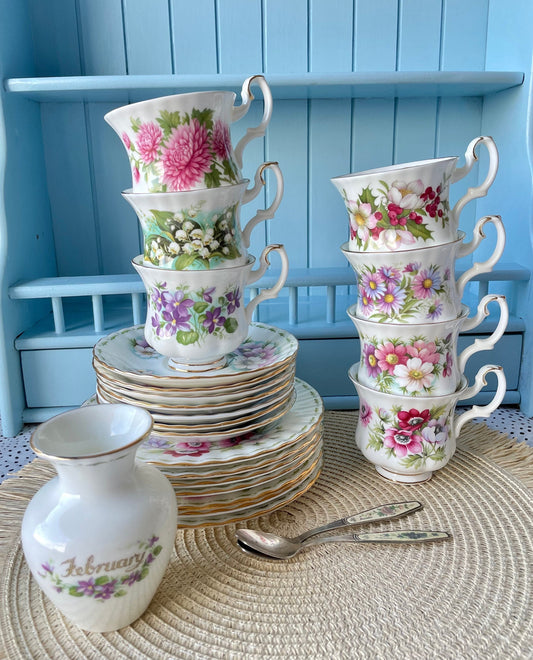 Royal Albert Flower Of The Month Trio's Cup Saucer Plate, Fine Bone China,  Sold Individually, Unique Find, With 6 Tea Spoons, Feb Plus Vase