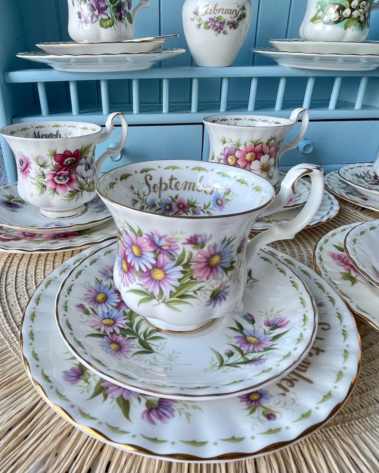Royal Albert Flower Of The Month Trio's Cup Saucer Plate, Fine Bone China,  Sold Individually, Unique Find, With 6 Tea Spoons, Feb Plus Vase