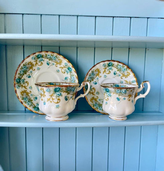Set of Two Vintage Royal Albert "VERONICA" Teacup & Saucer "Sheraton Series", Bone China , Previously Loved, Blue Golden Swirls decor, UK
