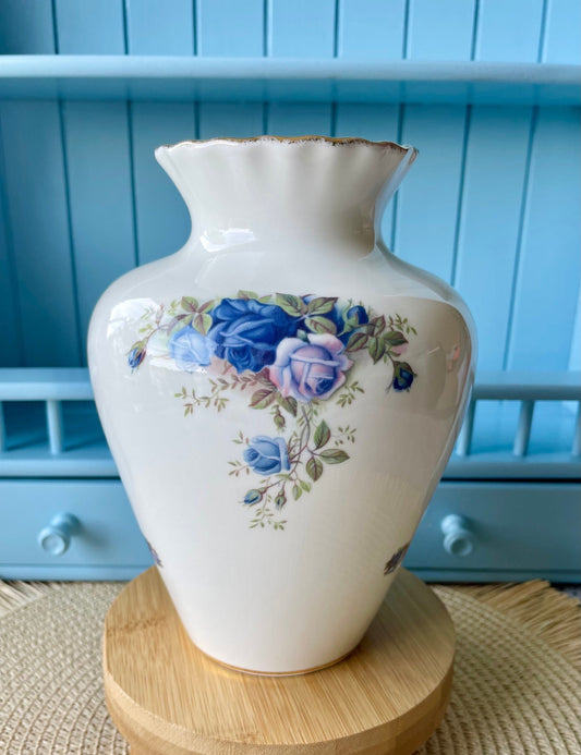 Vintage Royal Albert "Moonlight Rose" Large Vase with Decorations on Inside, Fine Bone China, Beautiful Blue Roses Decor, Made in England