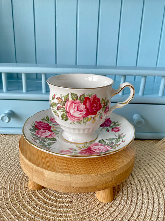 Vintage Queen Anne Cherry Blossom, Pink Floral Bone Tea Cup and Saucer, Antique English China, Previously Loved, Ribbed Cup, Made in England