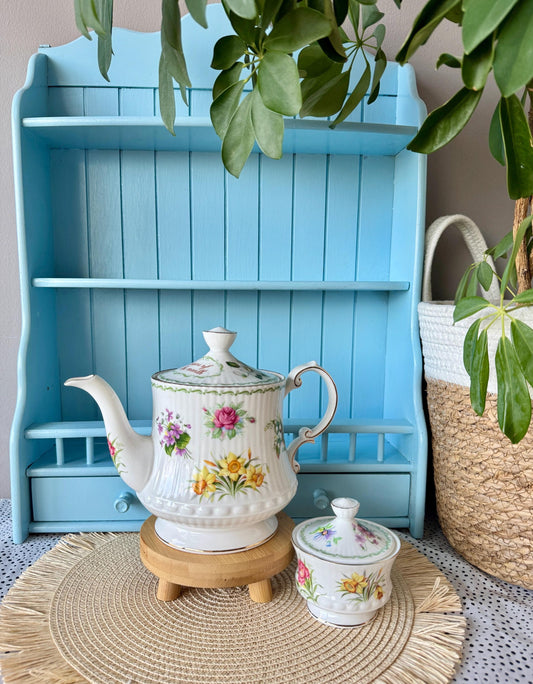 Hard to Find Vintage Queens 'Flower of the Month' TeaPot, Fine Bone China, Sugar Jar for Free, Flowers of the Month Decor, Made in England