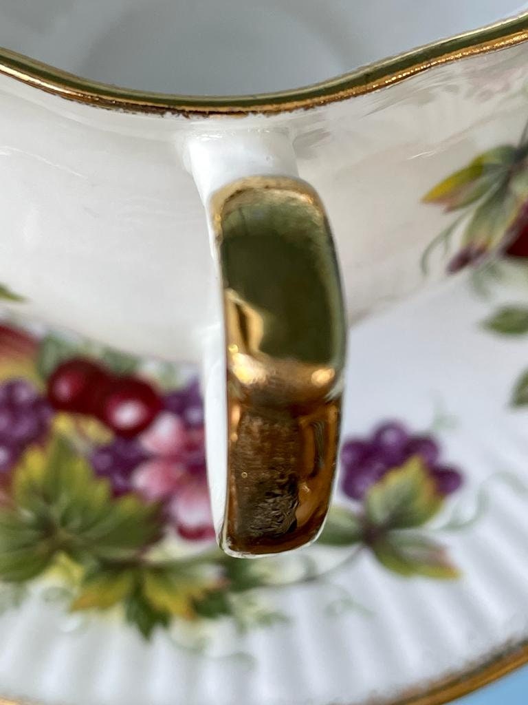 Vintage Royal Queens Fine Bone China Fruit Inspired Teacup And Saucer, Pear, Grapes, Perfect Gold, Queens Fine Bone China Made in England