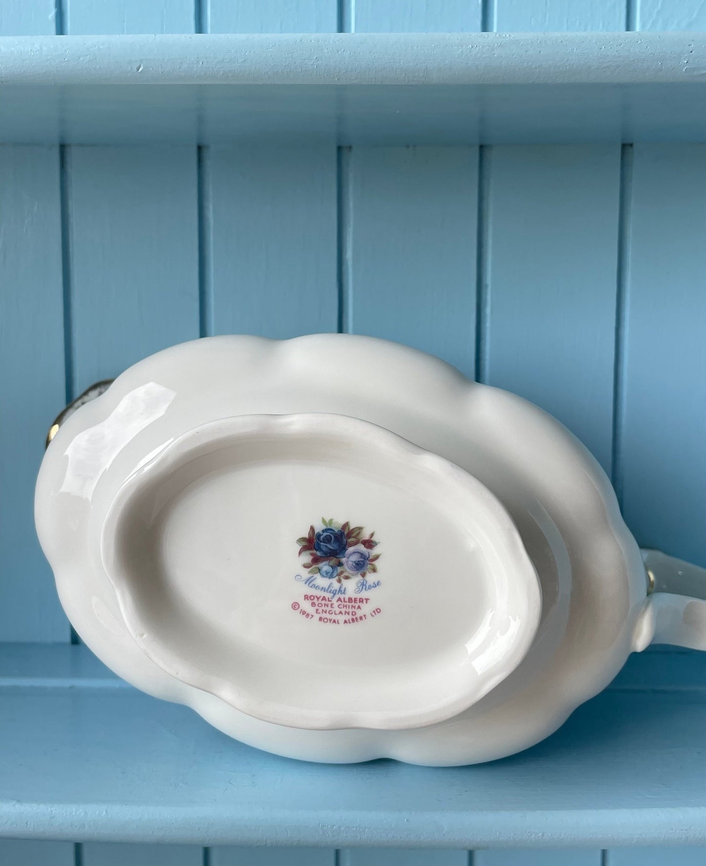 Very Rare Hard To Find Royal Albert "Moonlight Rose" Gravy Jar on Platter, Beautiful Thick Gold, Fine Bone China, Blue Roses Decor, England