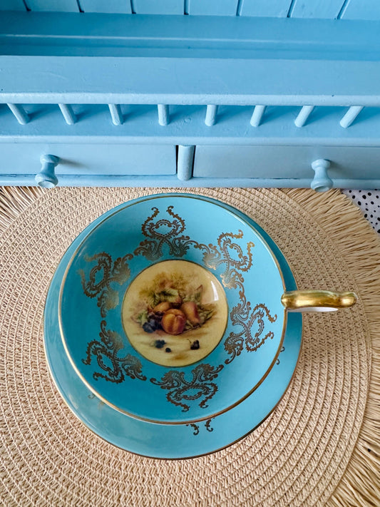 Rare Vintage Aynsley Turquoise Teacup Set c. 1960 - Bone China, Gold Overlay and Hand-Painted Fruit Decor, Collectors Item, Made in England
