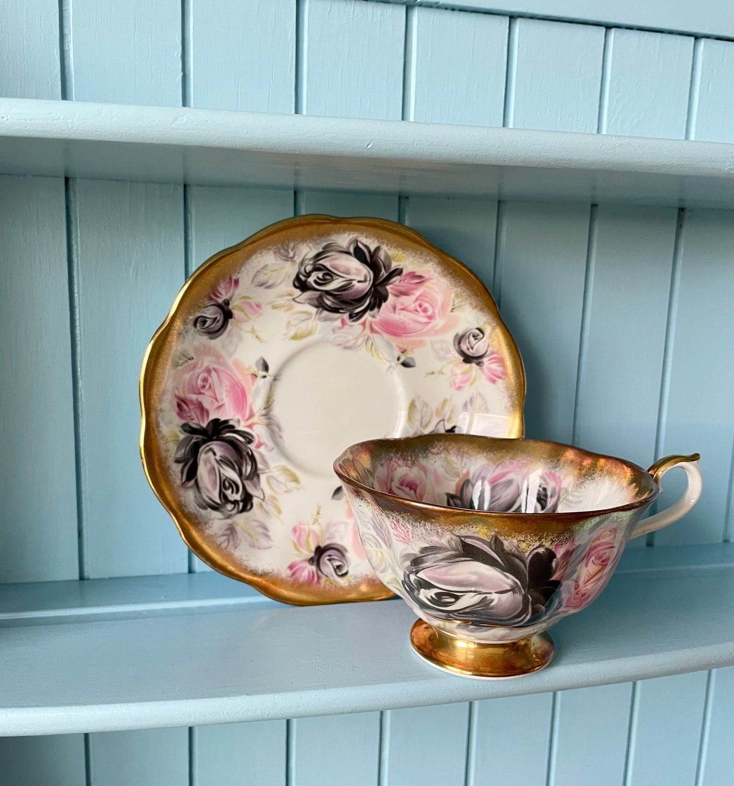 Rare Vintage Royal Albert Summer Bounty Tourmaline TeaCup and Saucer, Bone China, Pink & Black Roses, Thick Gold Trim, Collectors, England