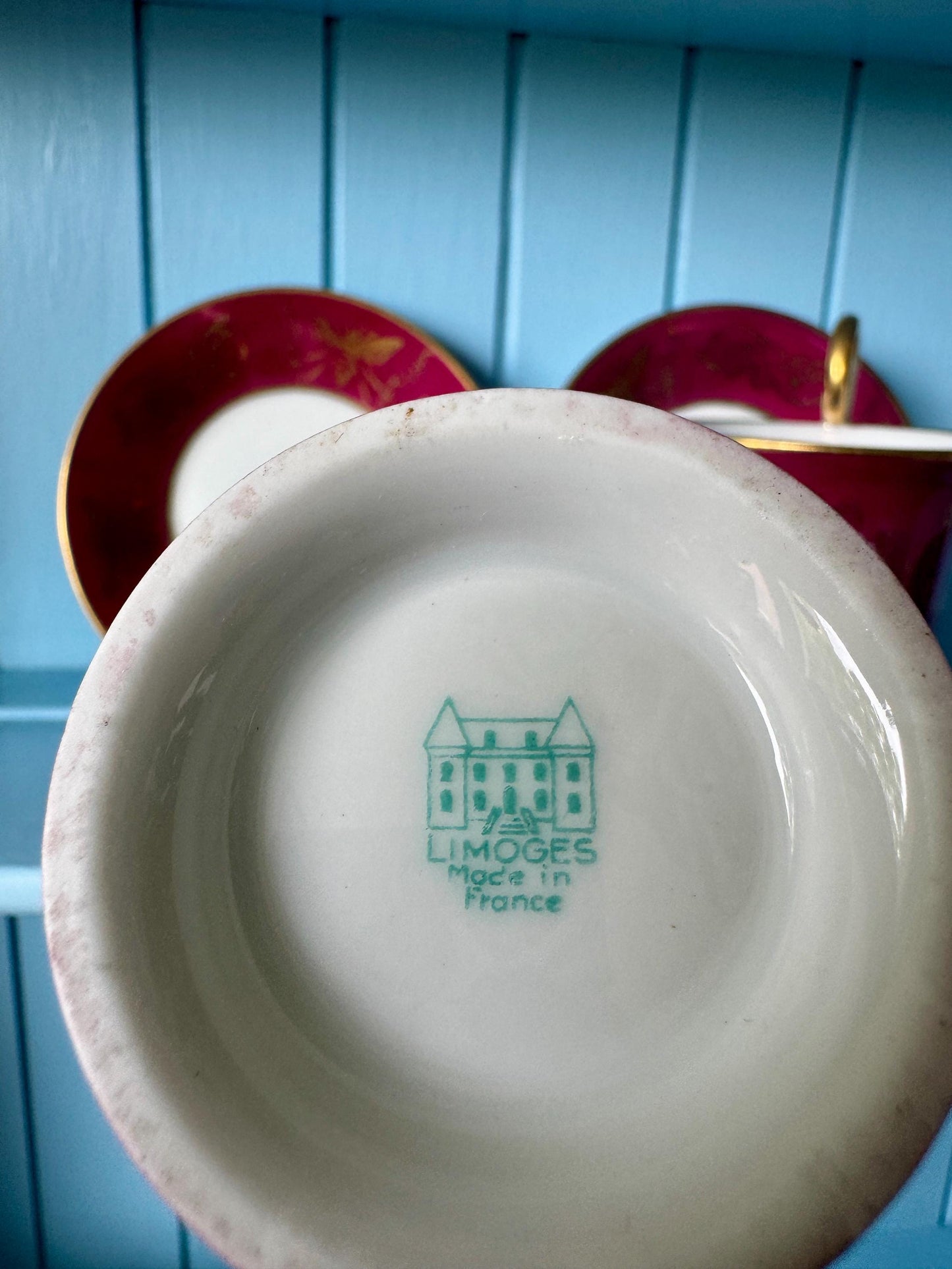 Rare Limoges Napoleon Josephine Espresso Cups & Saucers | Burgundy Gold Porcelain | Imperial Bee Motif | Perfect Condition | Historical Gift