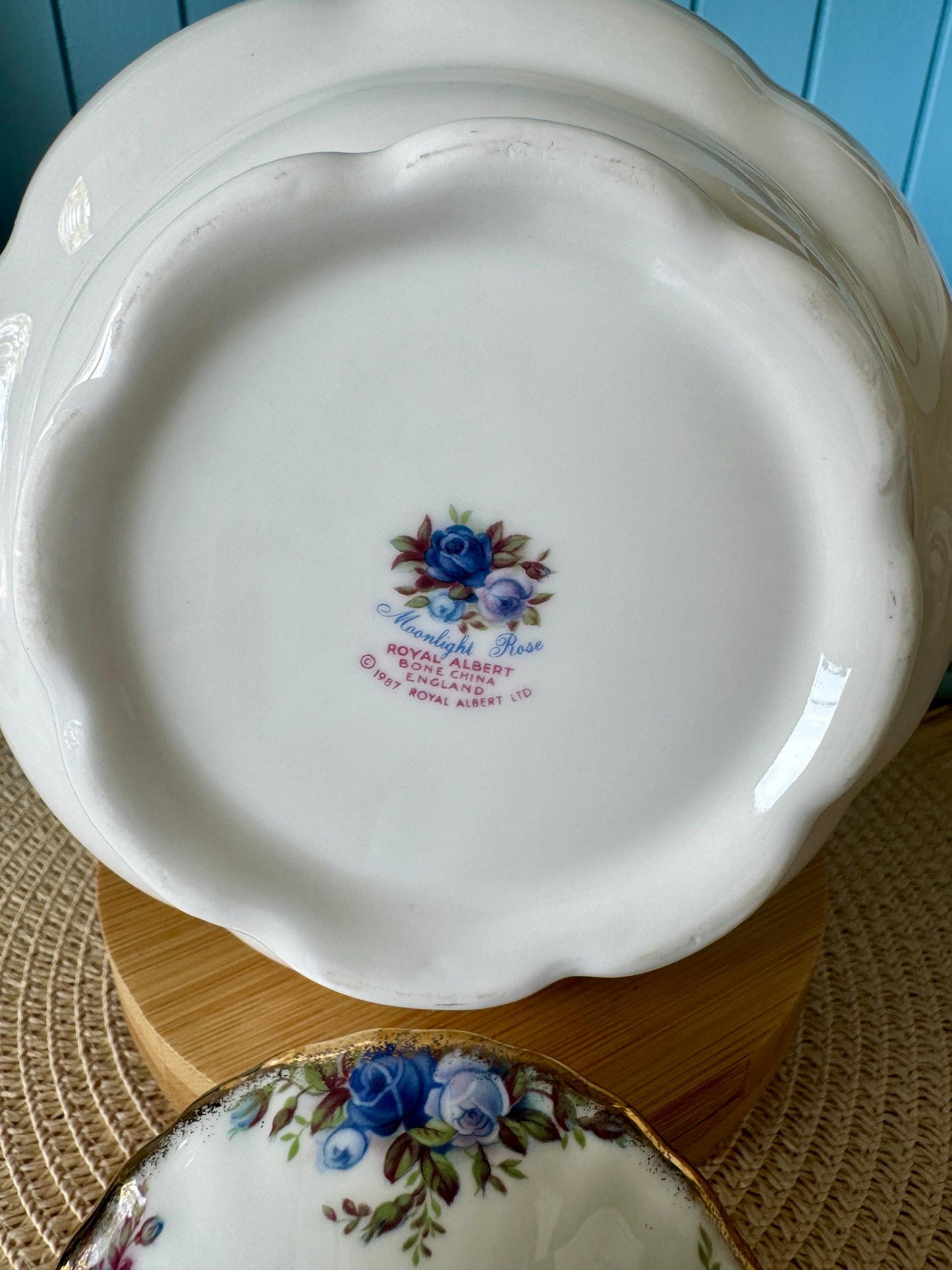 Very Rare Hard To Find "Medium" Royal Albert "Moonlight Rose" Tea Pot, Spout Inside Lid Is Missing, Bone China, Blue Roses Decor, England