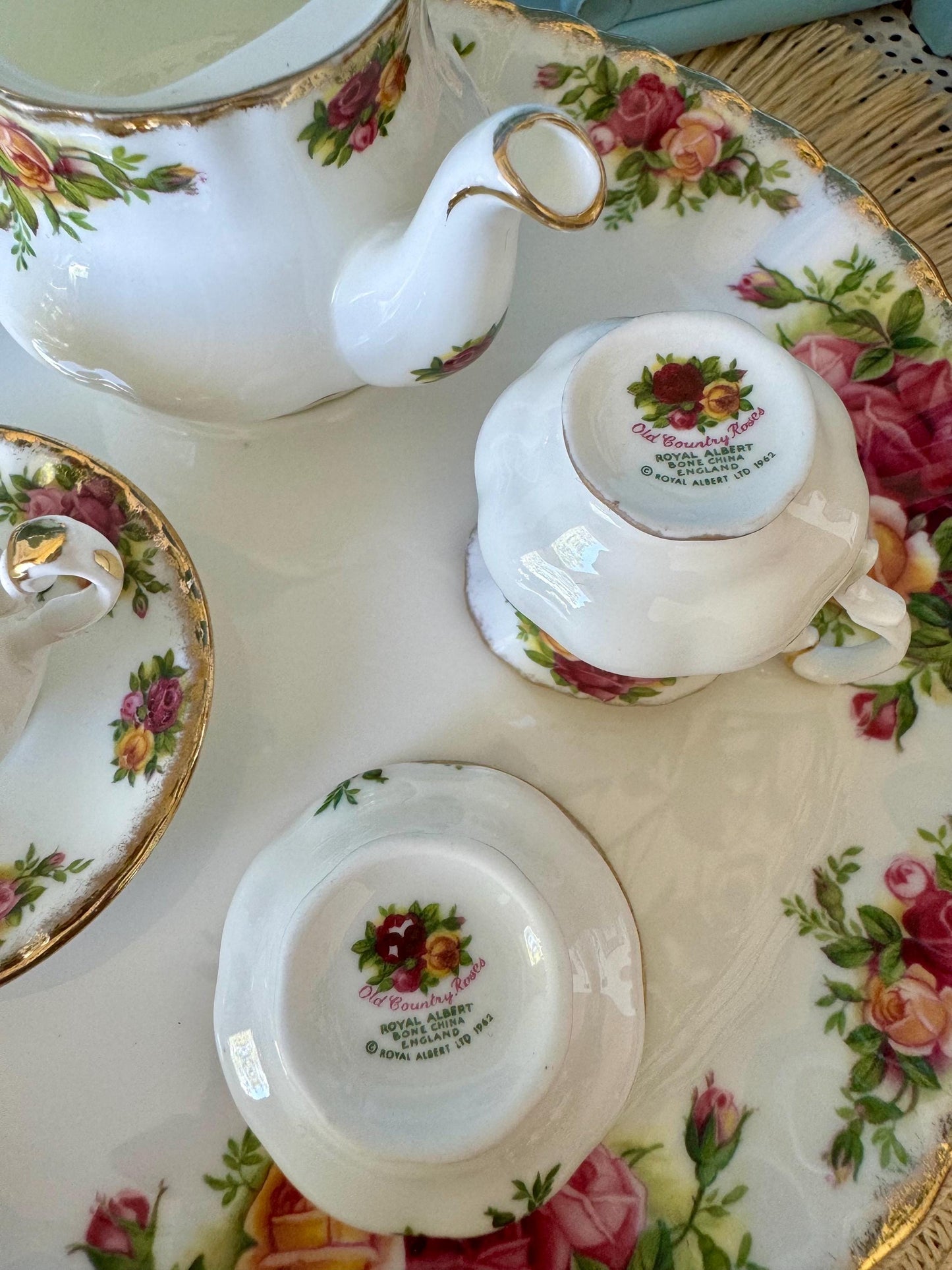 Vintage Royal Albert "Old Country Roses" Miniature Tea Set, Doll House Tea Set, Bone China, Teapot, Creamer, Teacup, Plate, Made in England