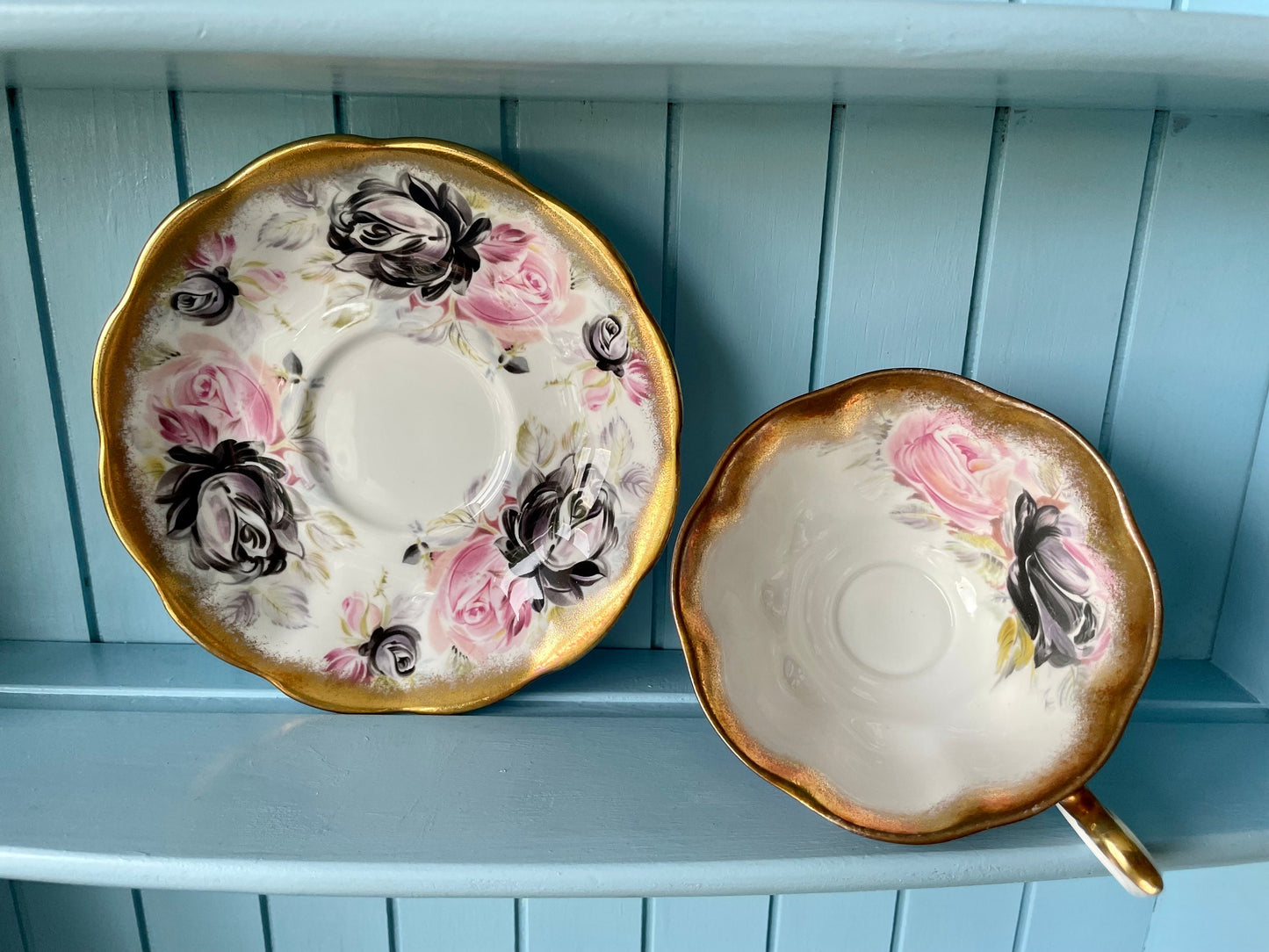 Rare Vintage Royal Albert Summer Bounty Tourmaline TeaCup and Saucer, Bone China, Pink & Black Roses, Thick Gold Trim, Collectors, England