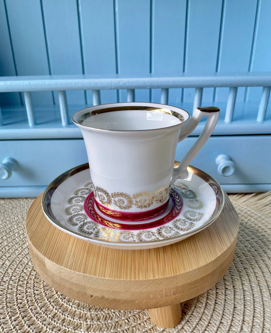 Vintage Rheinplatz Hartporzellan Espresso Cup and Saucer, Perfect Condition, Burgundy and Gold Leaf Decor, Beautiful Golden Rims, Germany