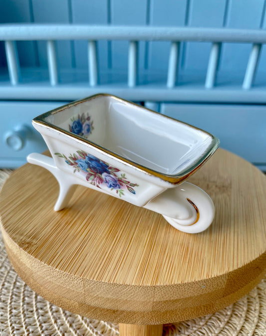 Vintage Royal Albert Moonlight Wheelbarrow Figurine, Perfect Decoration and Condition, Fine Bone China, Blue Roses Gold Decor, Made England
