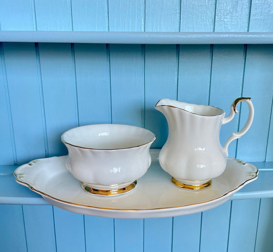Crisp White Royal Albert "Val D'Or" Gold Creamer Set, Sugar Bowl, Milk Jug & Platter, Bone China England, Previously Loved Vintage, High-Tea