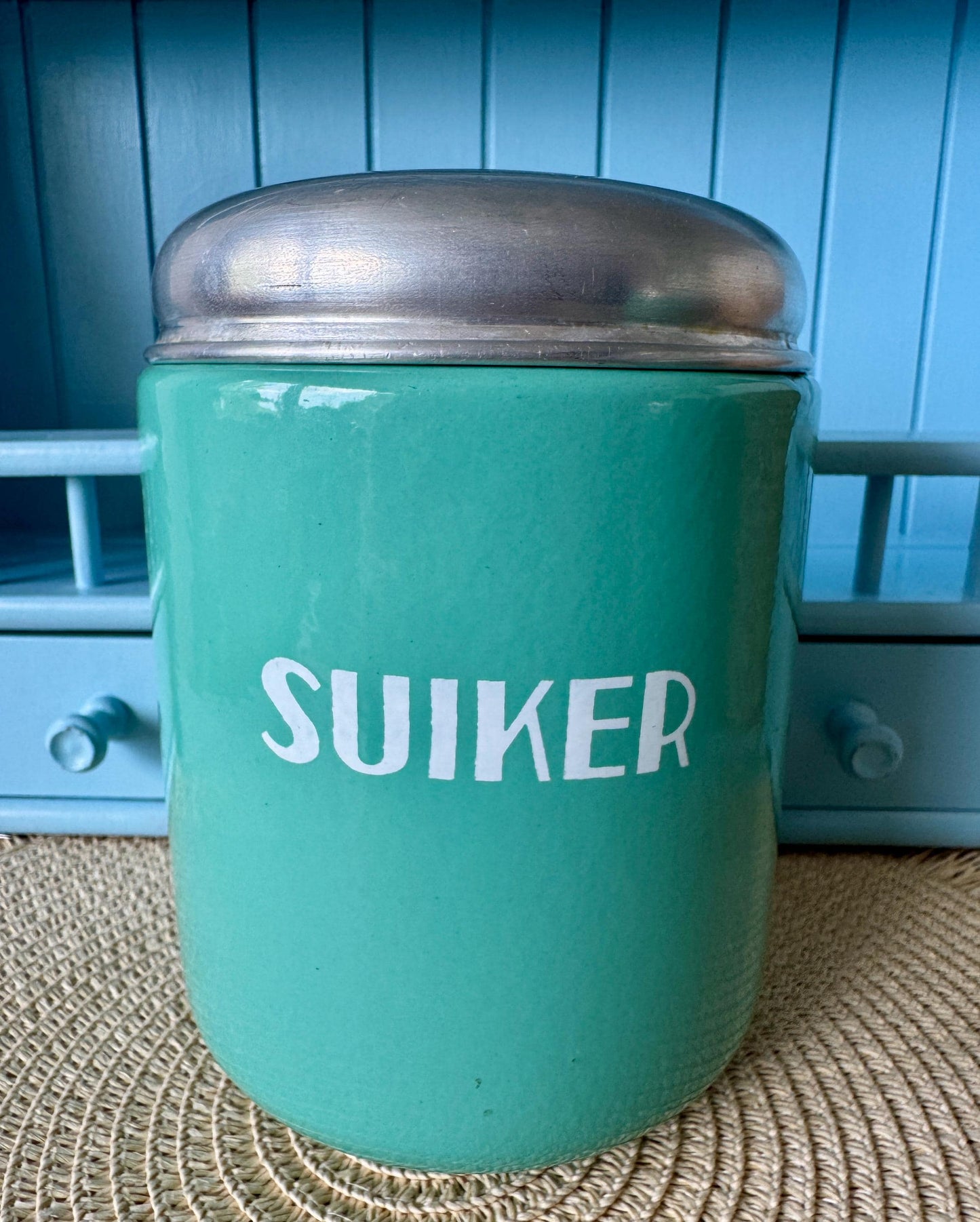 Rare Vintage Hard to Find and Very Collectible Dutch Enamel Canisters Set – Koffie Suiker Thee – 1960s Retro Storage Jars, Turquoise Blue