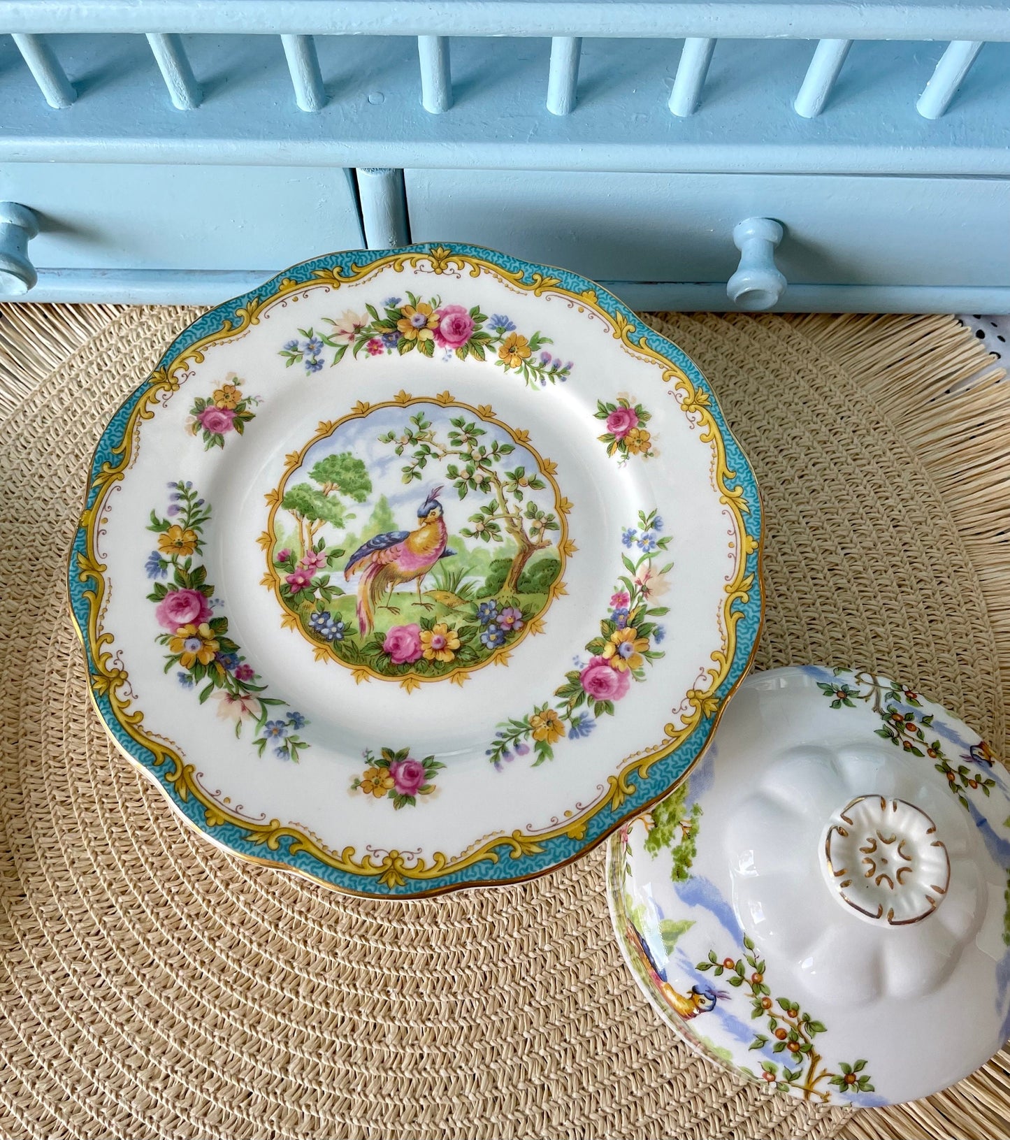 Multiple Vintage Royal Albert "Chelsea Bird" Items, Large Cake Plate with 4 Plates, Butter Dish, Petit Four, Creamer Set,Bone China, England