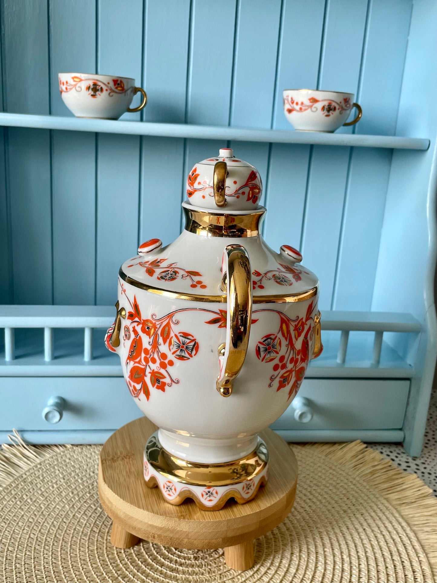 Rare Find, Vintage "Lomonosov" Samovar, Made in USSR, Orange and 22 Karat Golden Decanter, Previously Loved, Collectors Item, With Two Cups