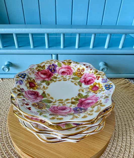 Vintage Royal Albert "Serena " Set of 6 Petit Four Dishes, Bone China, Pink Roses & Lavender Flowers Design, Previously Loved, Made England