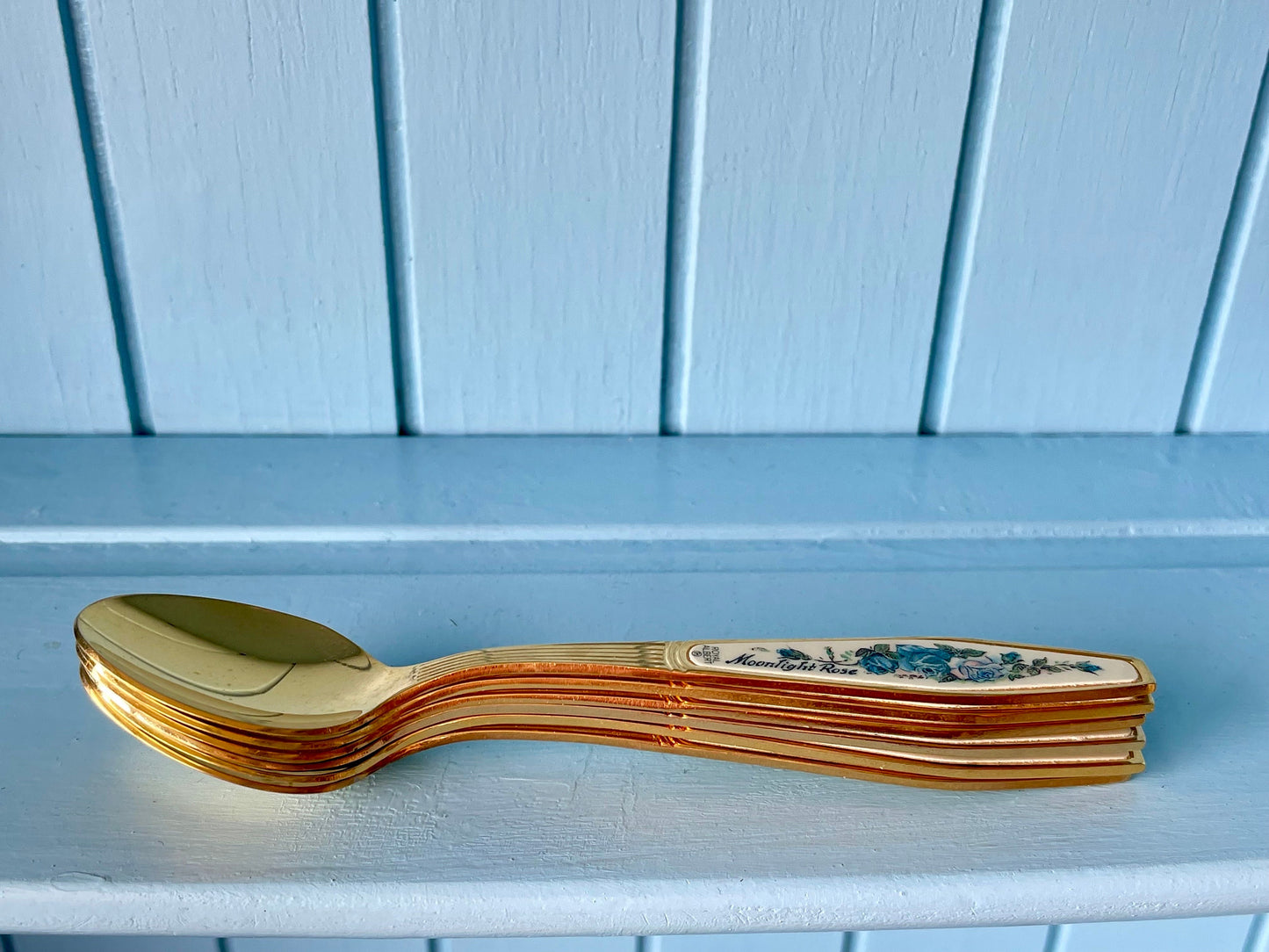 Rare Vintage Royal Albert "Moonlight Rose" TeaSpoon, Set of 6 Gold Hue Spoons, Silver Plated, Previously Loved, For HighTea, Made In England