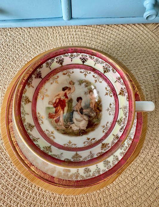 Very RARE Vintage Galluba & Hofmann Espresso Cup and Saucer, Fragonard Style Love Scene, Rich Burgundy, Pink and Gold Decor, Made in Germany