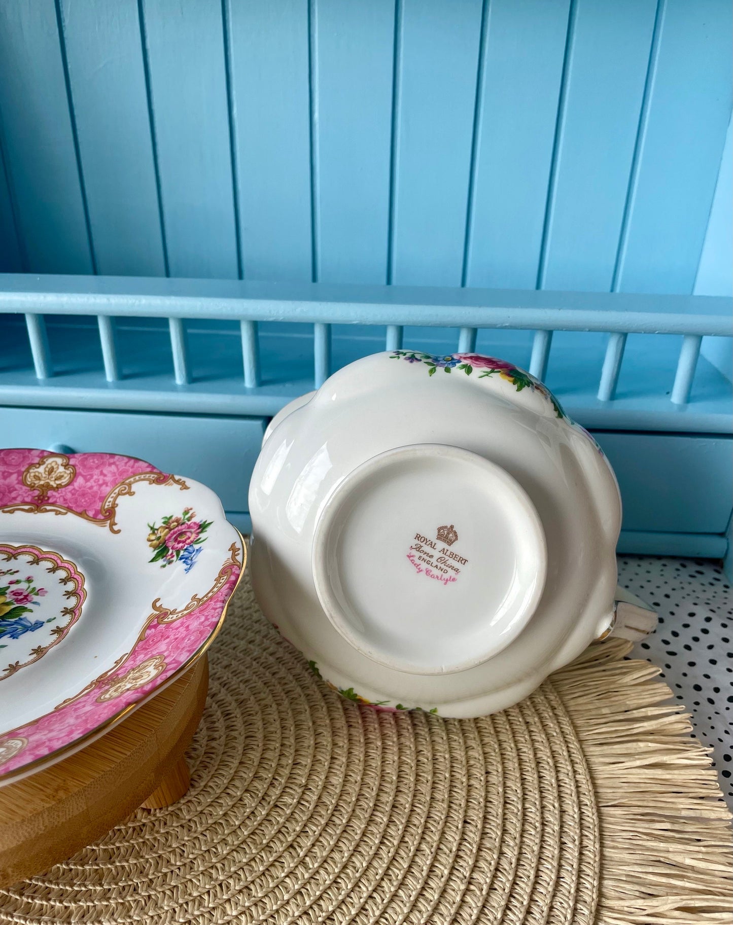 Rare Find, Royal Albert Lady Carlyle English Large Gravy Boat with Underplate, Bone China, Previously Loved, Pink Borders and Floral Decor