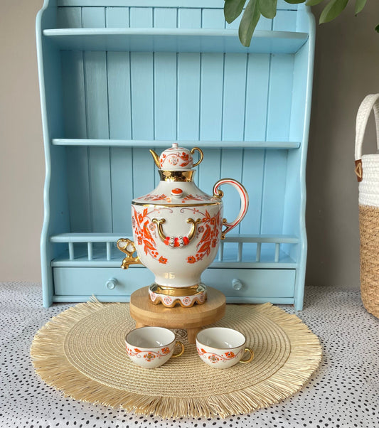 Rare Find, Vintage "Lomonosov" Samovar, Made in USSR, Orange and 22 Karat Golden Decanter, Previously Loved, Collectors Item, With Two Cups