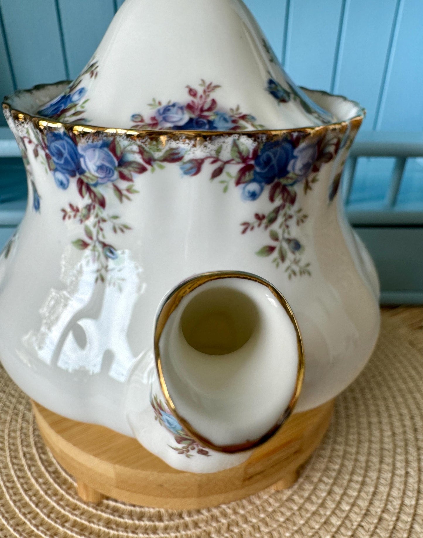 Very Rare Hard To Find "Medium" Royal Albert "Moonlight Rose" Tea Pot, Spout Inside Lid Is Missing, Bone China, Blue Roses Decor, England