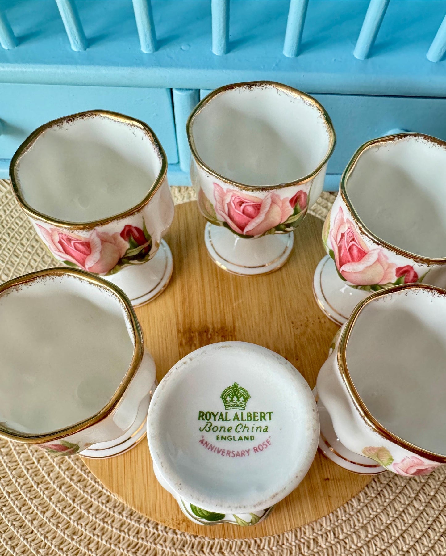 Very Hard to Find Vintage Royal Albert "Anniversary Rose" Egg Cups, Set of 6, Bone China, Previously Loved, Pink Roses Thick Gold, England
