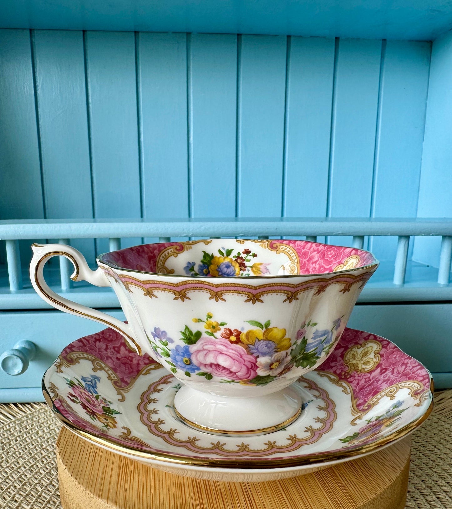 Very Rare Hard To Find "Inside Out" Royal Albert "Lady Carlyle" Avon Shape Teacup, Bone China, Previously Loved, Pink Decor, Made In England