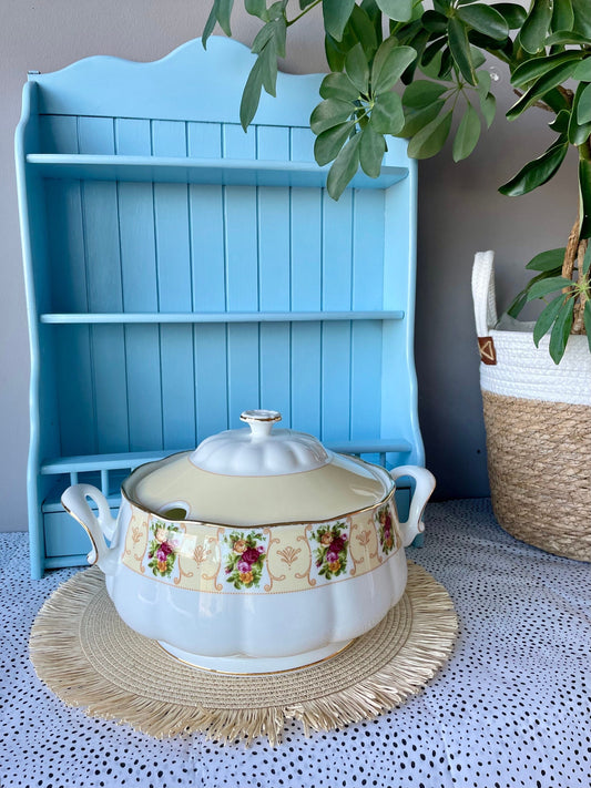 Beautiful Vintage Royal Albert "Rose Cameo Peach" Soup Tureen, Deck Bowl, Bone China, Pretty Red Pink & Yellow Rose Decor, Made in Indonesia