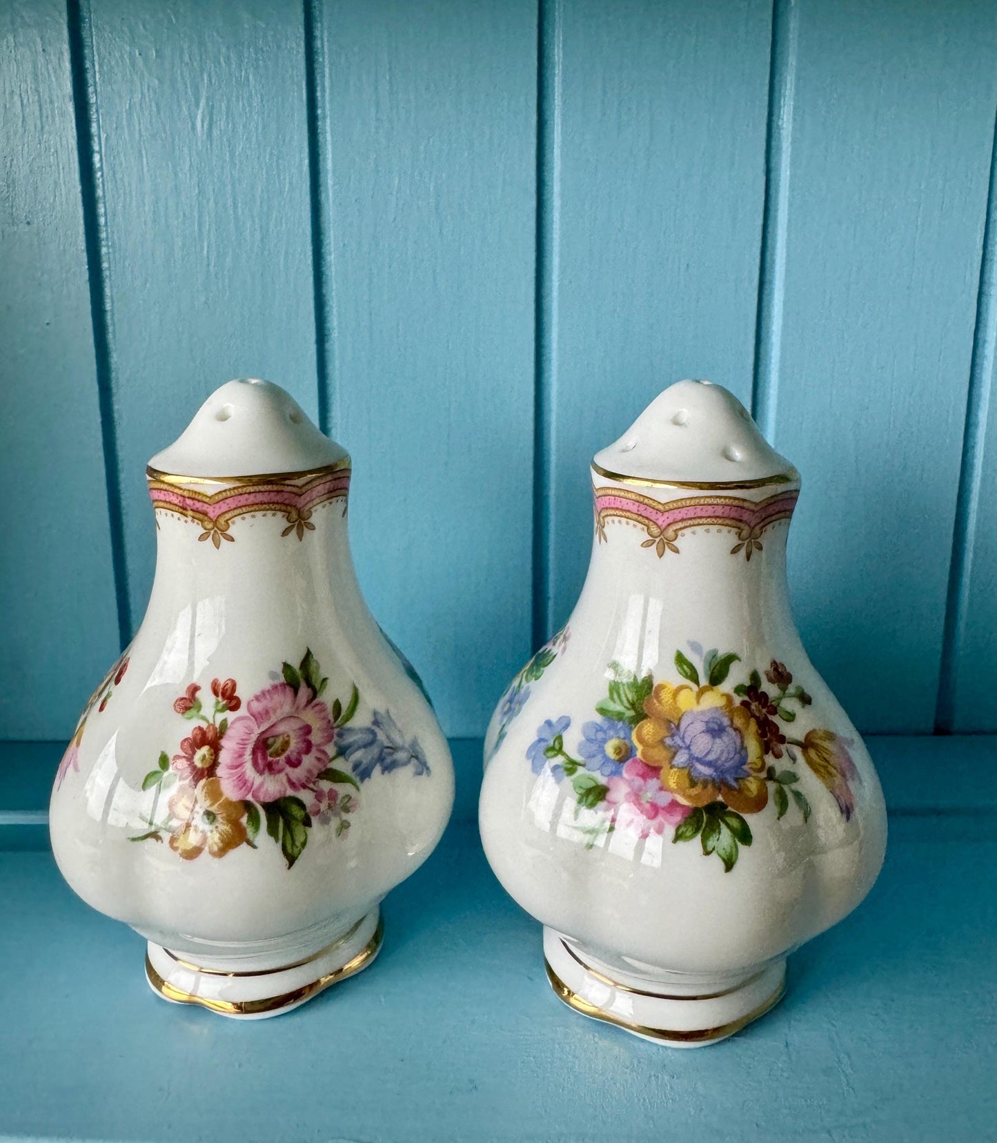 Vintage Royal Albert "Lady Carlyle" Salt & Pepper Shakers, Bone China, Previously Loved, Collectors Item, Thick Gold, Original Caps, England