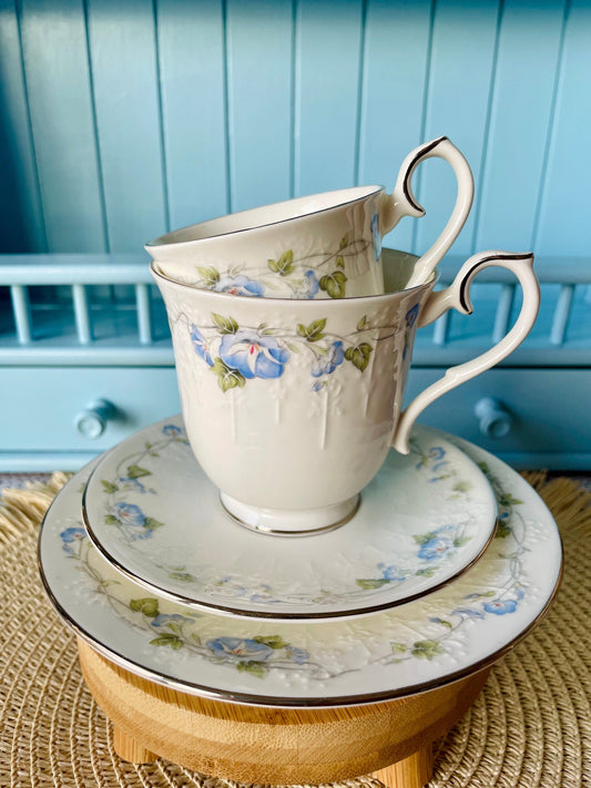 2 Vintage Royal Albert "Morning Flowers" Male Female Teacup & Saucer Sets, Fine Bone China, For All Seasons, Blue Floral Decor, Made England