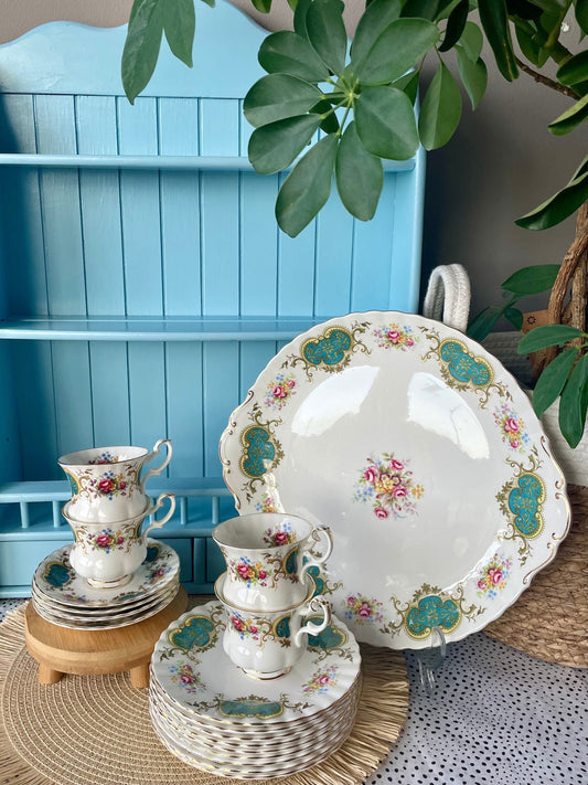 Vintage Royal Albert "Berkeley" 4 Demitasse Teacup & Saucers, 9 Cake Plates, 1 Big Plate, Bone China, Previously Loved, Green Decor, England