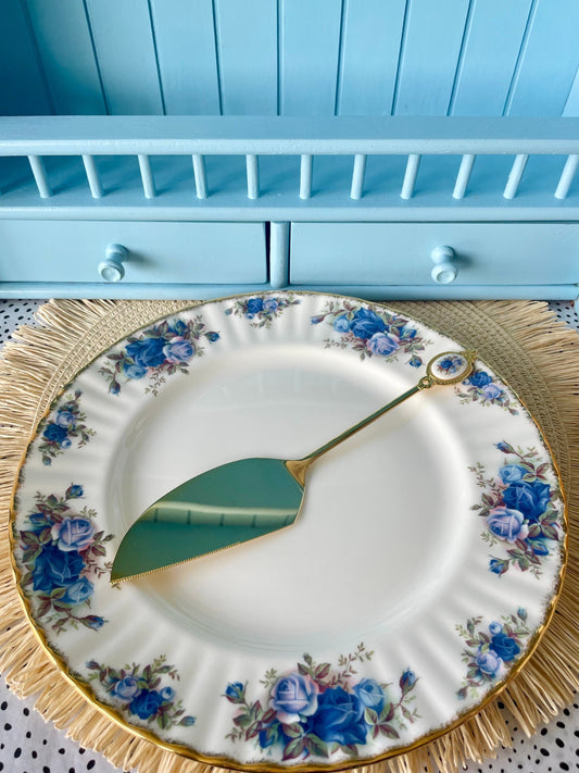 Hard to Find and Very Collectible Royal Albert "Moonlight Rose" Gold Plated Cake Knife with Blue Roses Decor, Cake Slicer, Made in Japan