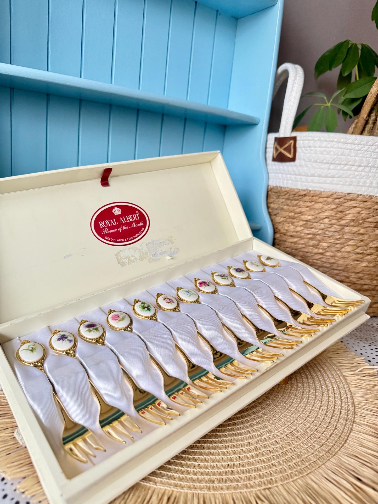 Vintage Hard to Find & Very Collectible Royal Albert "Flower of the Month" 12 Gold Plated Cake Forks, Original Box, Used, Rare Find, Japan