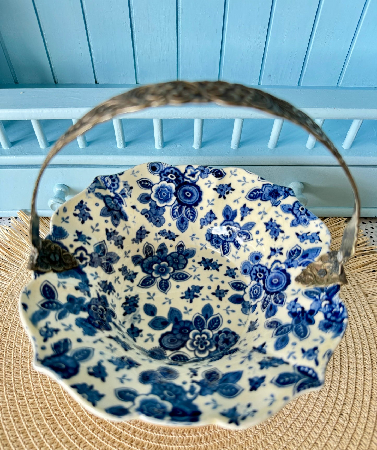 Pretty Silver Plated 'Beatrix' Bonbon Plate w/ Handle, Previously Loved, Société Ceramique Maestricht, Beautiful Blue Floral Decor, Holland