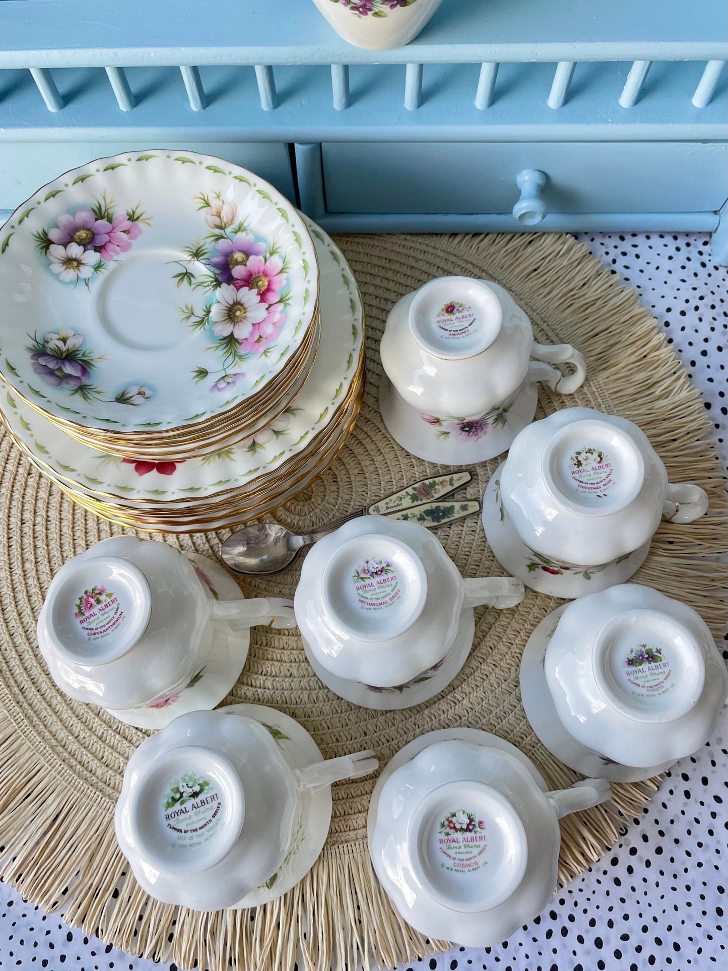 Royal Albert Flower Of The Month Trio's Cup Saucer Plate, Fine Bone China,  Sold Individually, Unique Find, With 6 Tea Spoons, Feb Plus Vase