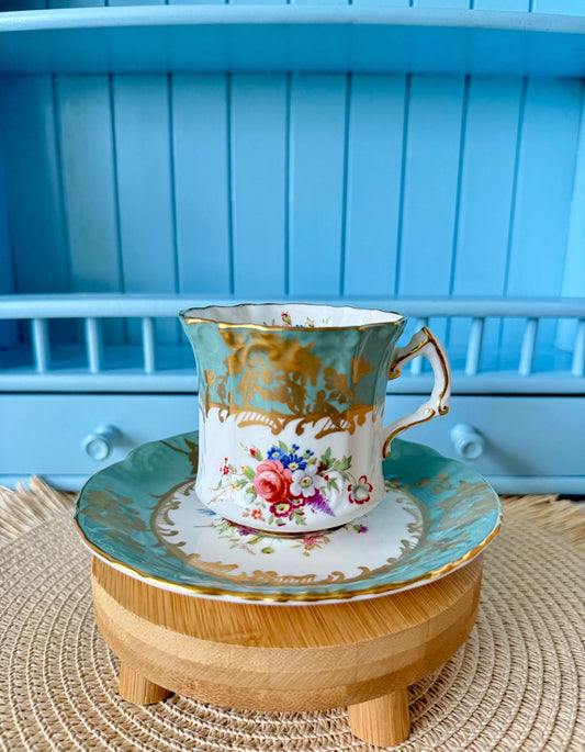 Rare Find, Vintage Hammersley Pastel Green Tea Cup & Saucer, Exquisite Bone China, Previously Loved, Green Gold Floral Decor, Made England