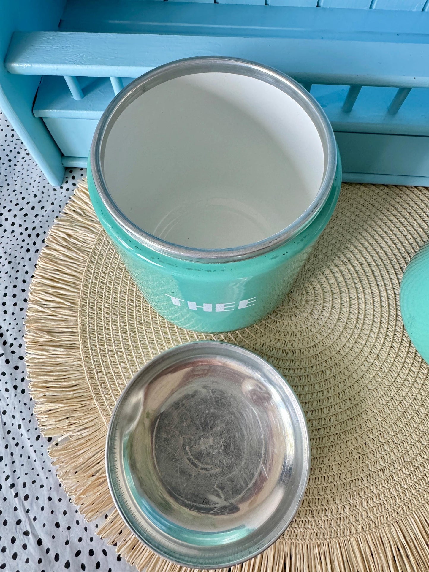 Rare Vintage Hard to Find and Very Collectible Dutch Enamel Canisters Set – Koffie Suiker Thee – 1960s Retro Storage Jars, Turquoise Blue