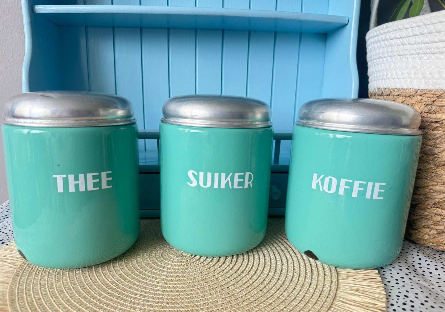 Rare Vintage Hard to Find and Very Collectible Dutch Enamel Canisters Set – Koffie Suiker Thee – 1960s Retro Storage Jars, Turquoise Blue