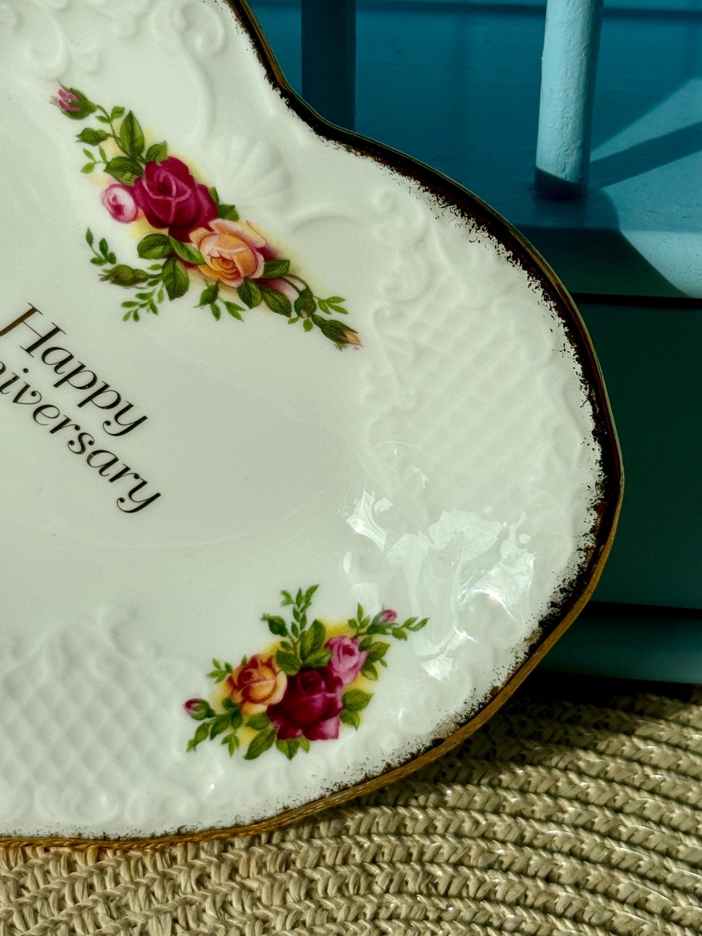 Vintage Royal Albert "Old Country Roses" Heart Shaped Dish, Happy Anniversary, Bone China, Heartfelt Anniversary Gift, Red Roses, England