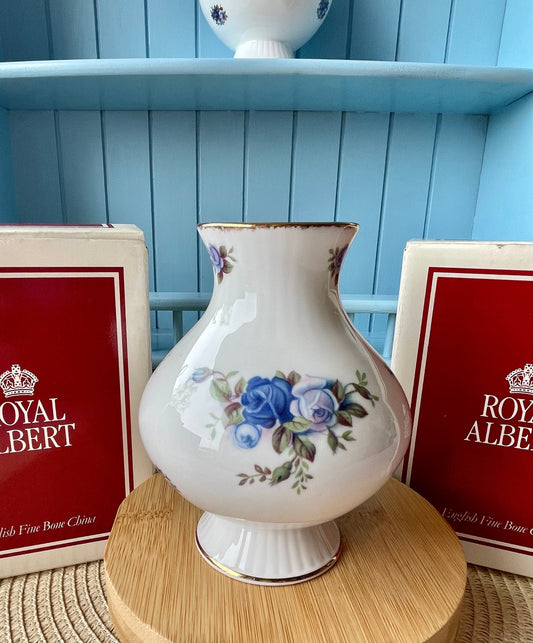 Vintage Royal Albert Moonlight Rose Footed Bud Vase: Collectible Vase, Original Box, Fine Bone China, Beautiful Blue Roses Decor, England