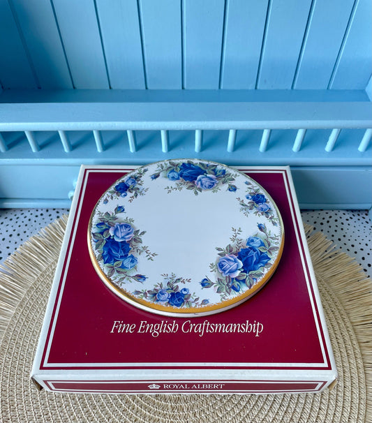Vintage Royal Albert Moonlight Rose Teapot Coasters Velvet Bottom, Bone China, Beautiful Blue Roses Decor, Original Box, Made in England