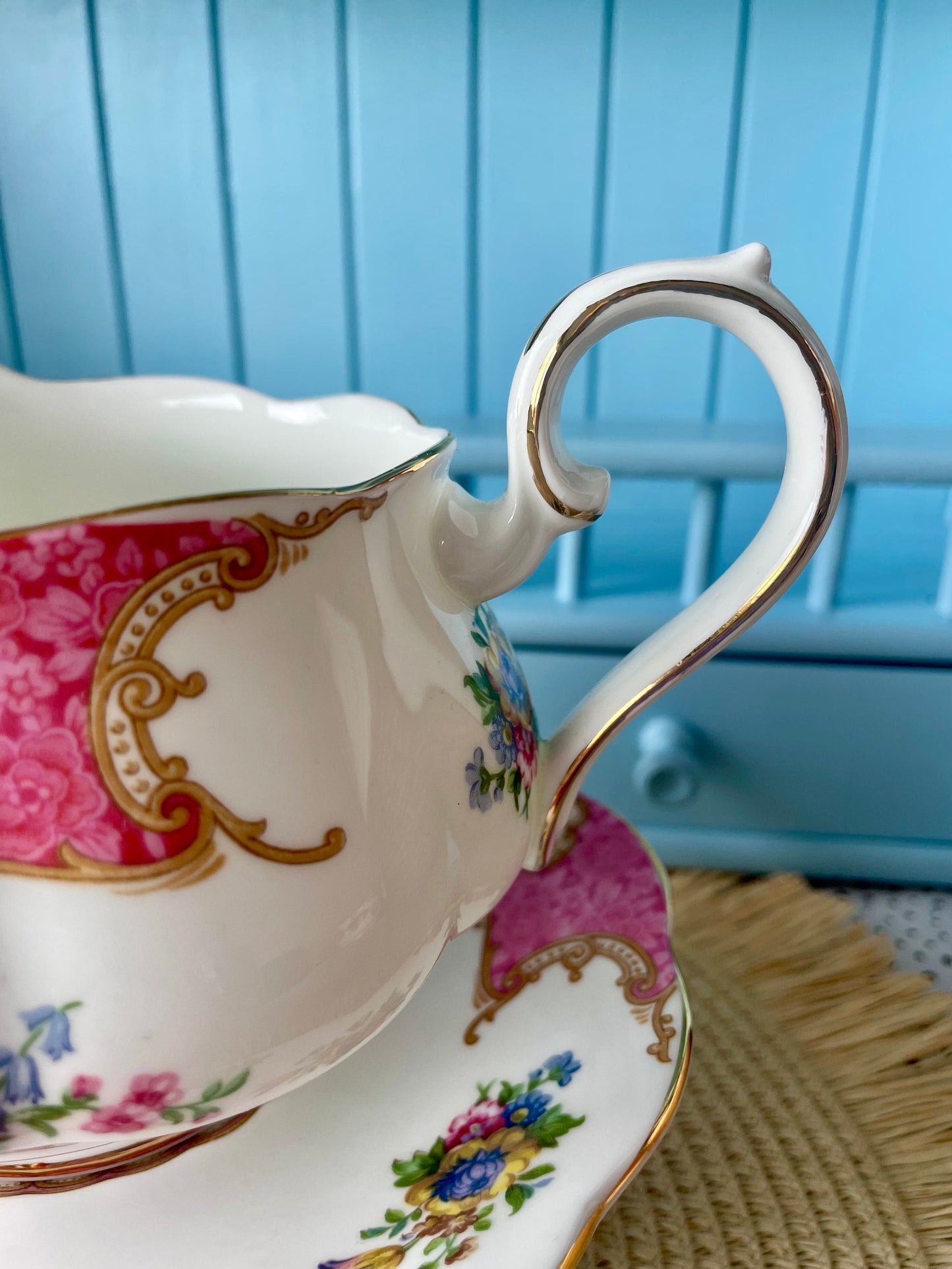 Rare Find, Royal Albert Lady Carlyle English Large Gravy Boat with Underplate, Bone China, Previously Loved, Pink Borders and Floral Decor
