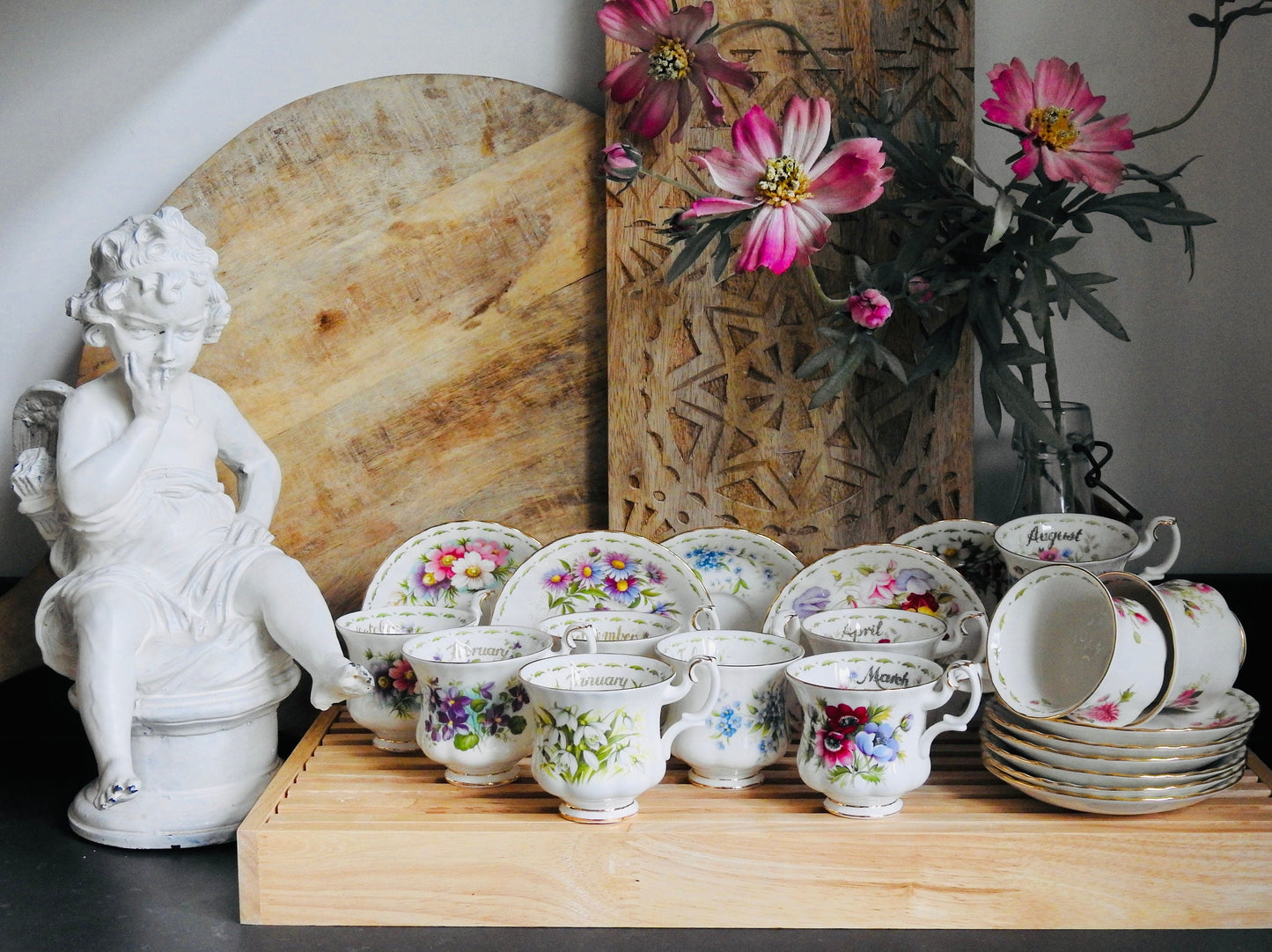 Royal Albert Flower Of The Month Lady Sized Duo's Cup & Saucer, Fine Bone China, Shabby Chic Royal High Tea Party, Bridal Party Luncheon Set